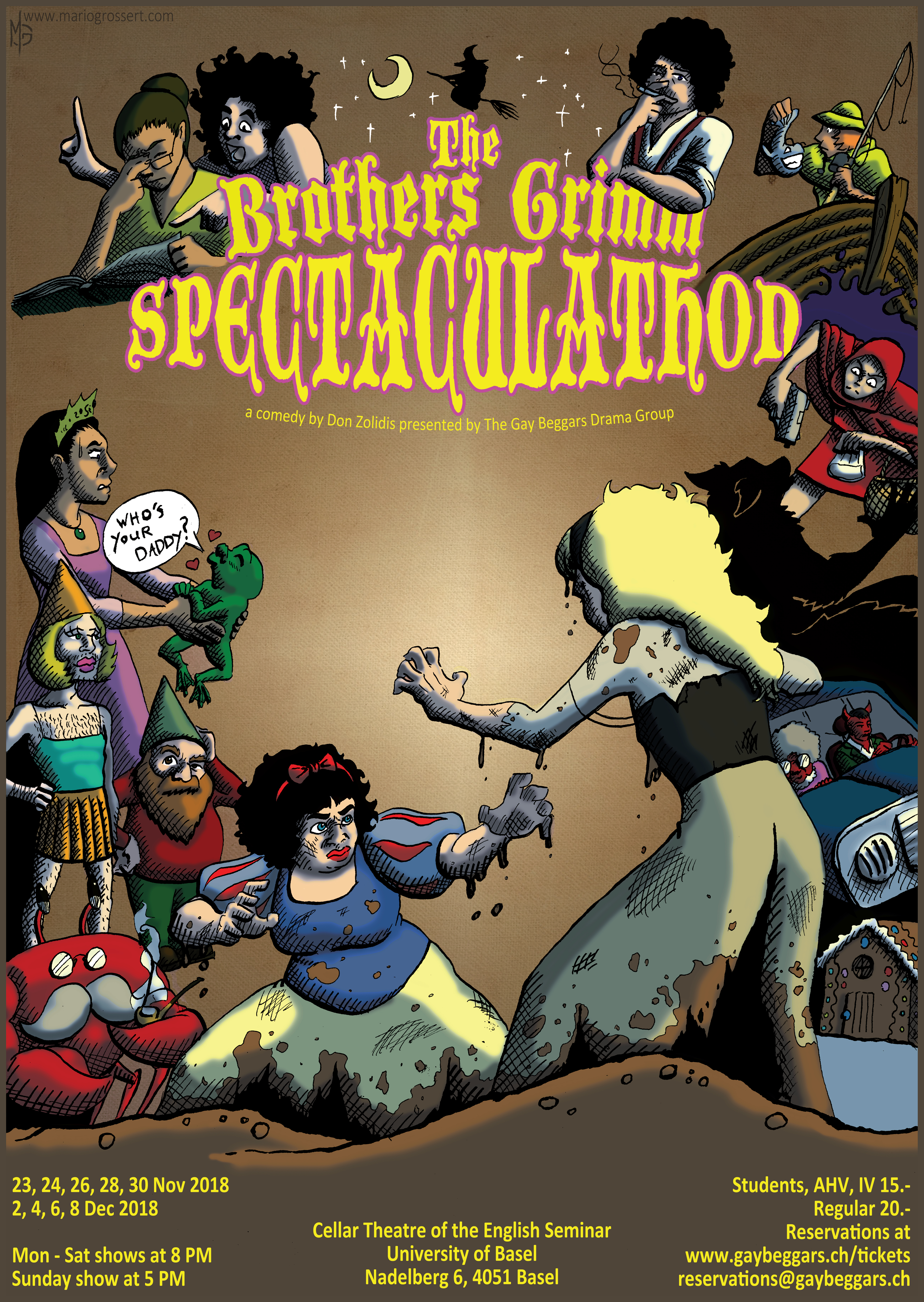 Poster for The Brothers Grimm Spectaculathon. Princesses wrestling. Show dates are November 23, 24, 26, 28, 30 and December 2, 4, 6, 8. 20.- CHF regular tickets, 15.- CHF for students, AHV, IV.